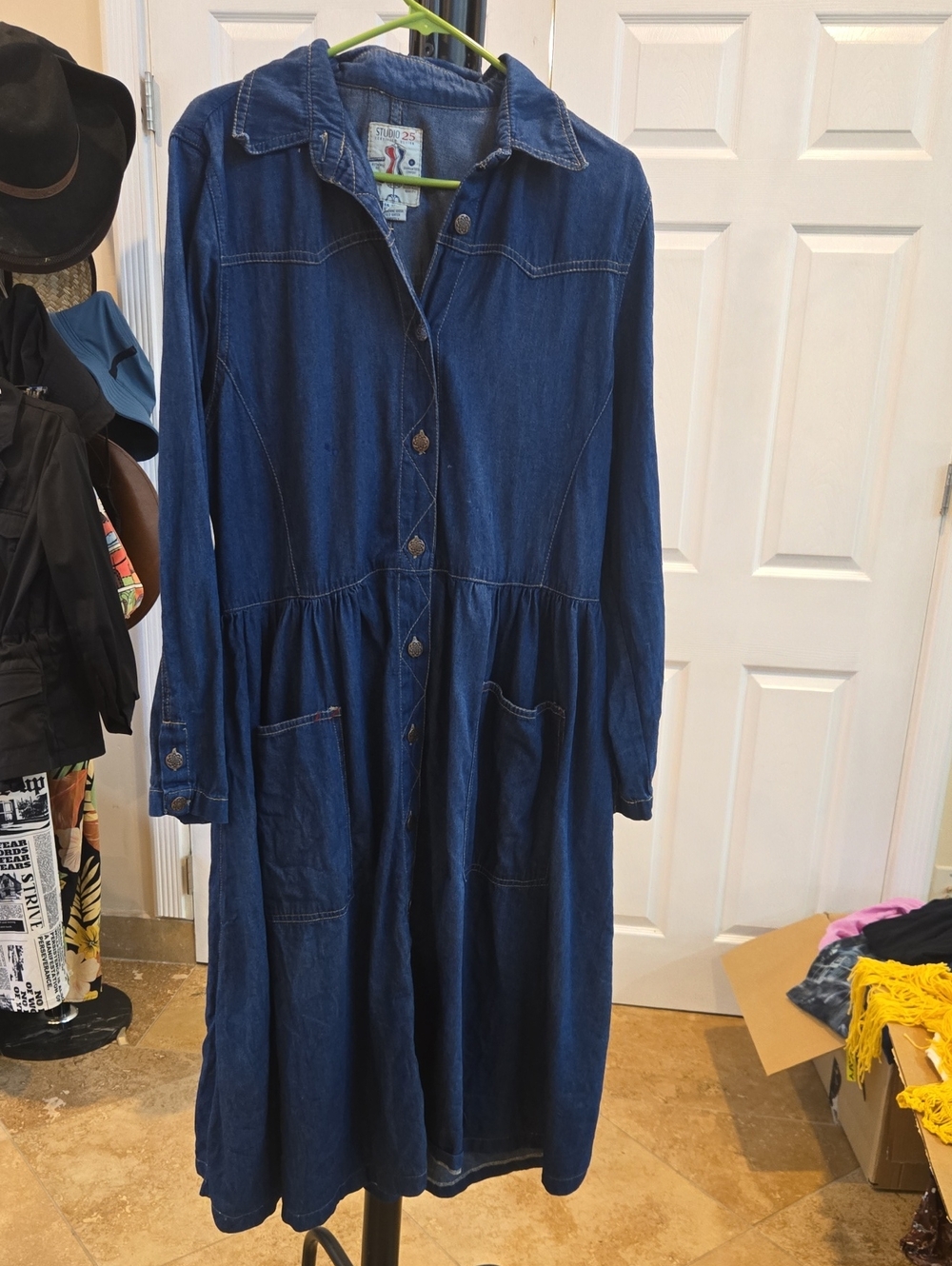 Vintage Studio 25  Dark Blue Denim Womens Maxi Dress with Button Front XL